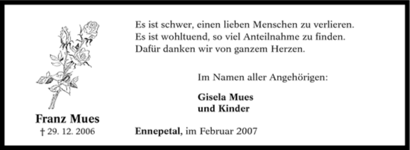  Traueranzeige für Franz Mues vom 17.02.2007 aus Tageszeitung
