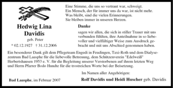 Traueranzeige von Hedwig Lina Davidis von Tageszeitung