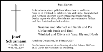Traueranzeige von Josef Schürmann von Tageszeitung