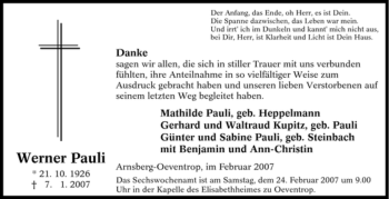 Traueranzeige von Werner Pauli von Tageszeitung
