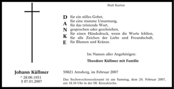 Traueranzeige von Johann Küllmer von Tageszeitung