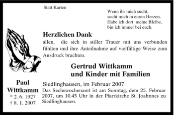 Traueranzeige von Paul Wittkamm von Tageszeitung