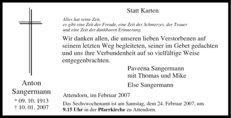 Traueranzeige für Anton Sangermann vom 17.02.2007 aus Tageszeitung