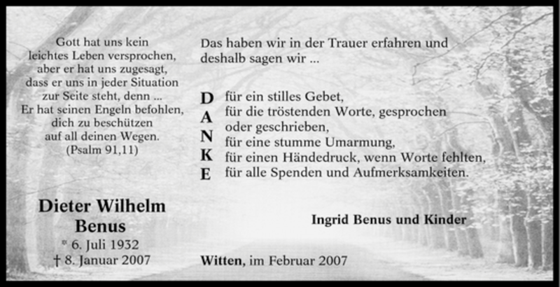  Traueranzeige für Dieter Wilhelm Benus vom 17.02.2007 aus Tageszeitung