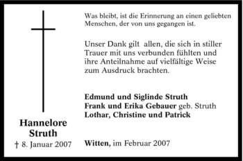 Traueranzeige von Hannelore Struth von Tageszeitung