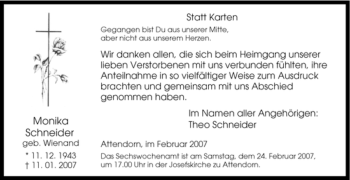 Traueranzeige von Monika Schneider von Tageszeitung