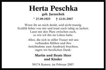 Traueranzeige von Herta Peschka von Tageszeitung