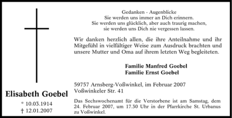  Traueranzeige für Elisabeth Goebel vom 17.02.2007 aus Tageszeitung