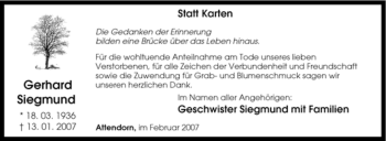 Traueranzeige von Gerhard Siegmund von Tageszeitung