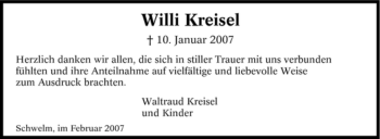 Traueranzeige von Willi Kreisel von Tageszeitung