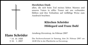 Traueranzeige von Hans Schröder von Tageszeitung