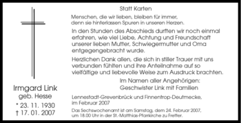 Traueranzeige von Irmgard Link von Tageszeitung