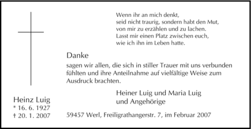  Traueranzeige für Heinz Luig vom 17.02.2007 aus Tageszeitung