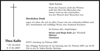 Traueranzeige von Thea Kalle von Tageszeitung