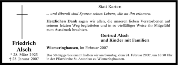 Traueranzeige von Friedrich Alsch von Tageszeitung