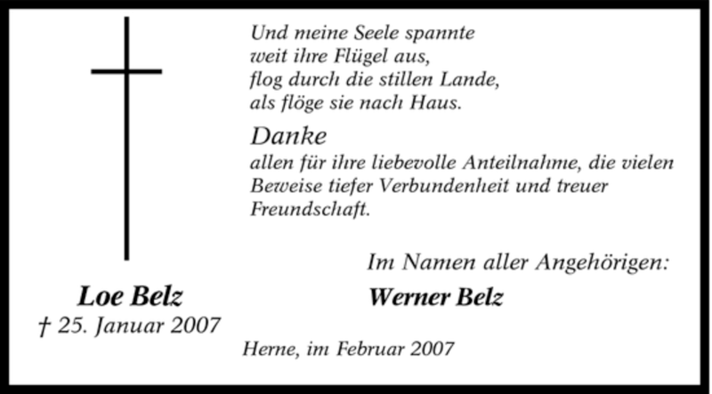  Traueranzeige für Loe Belz vom 17.02.2007 aus Tageszeitung
