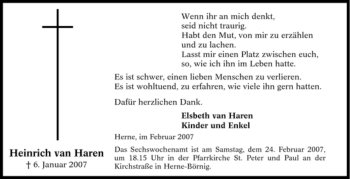 Traueranzeige von Heinrich van Haren von Tageszeitung