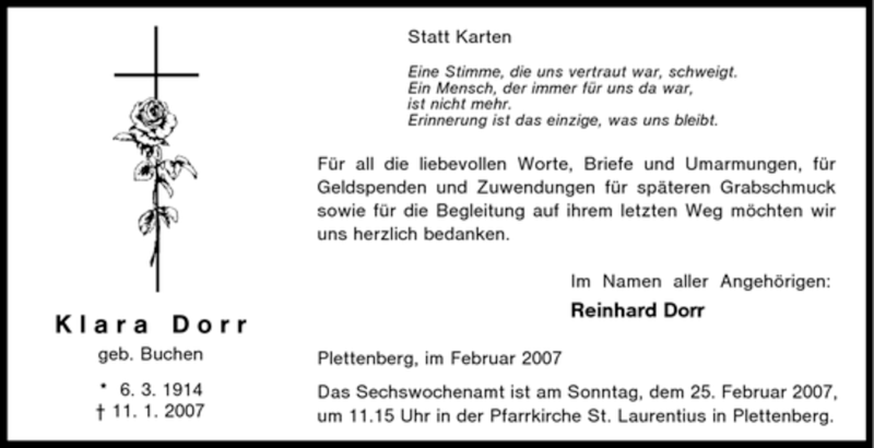  Traueranzeige für Klara Dorr vom 17.02.2007 aus Tageszeitung