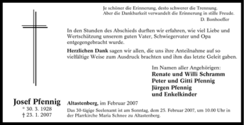 Traueranzeige von Josef Pfennig von Tageszeitung
