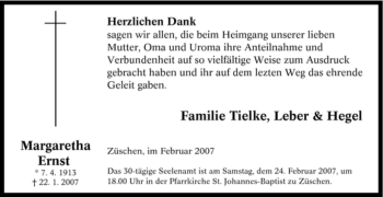 Traueranzeige von Margaretha Ernst von Tageszeitung