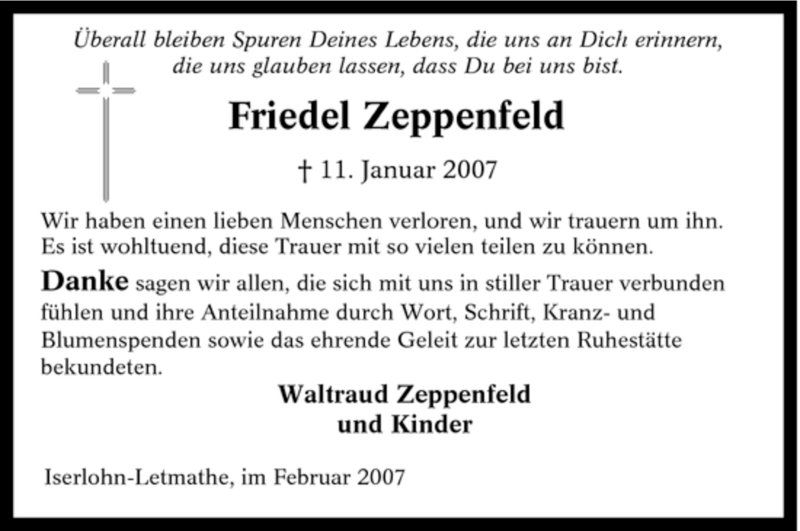  Traueranzeige für Friedel Zeppenfeld vom 17.02.2007 aus Tageszeitung