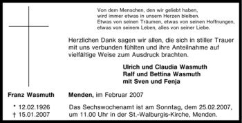 Traueranzeige von Franz Wasmuth von Tageszeitung