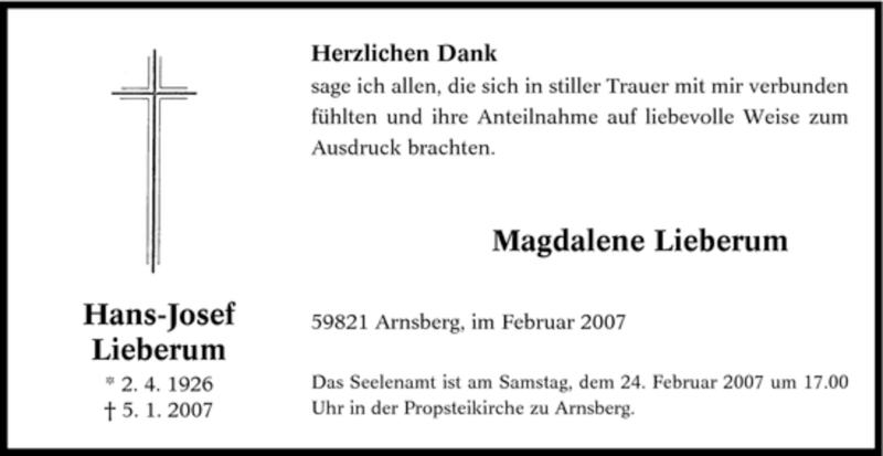  Traueranzeige für Hans-Josef Lieberum vom 17.02.2007 aus Tageszeitung