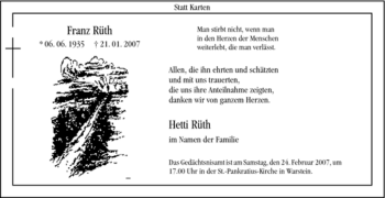 Traueranzeige von Franz Rüth von Tageszeitung