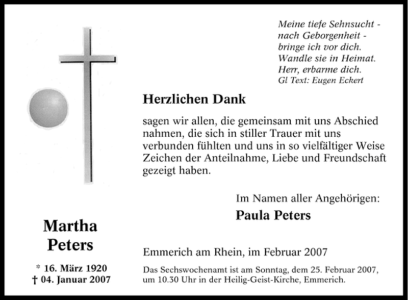  Traueranzeige für Martha Peters vom 17.02.2007 aus Tageszeitung