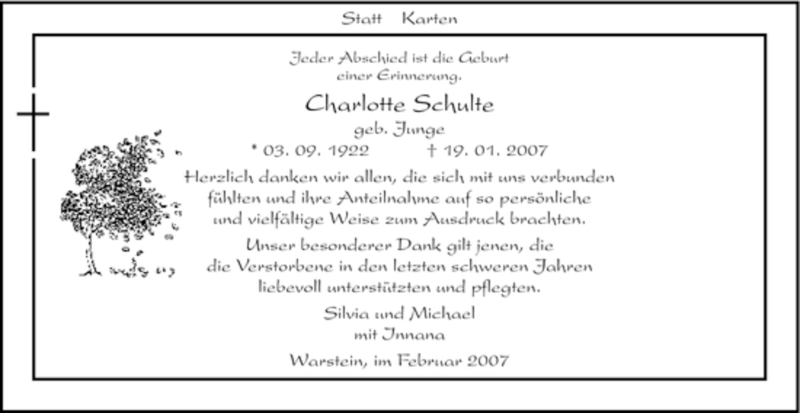  Traueranzeige für Charlotte Schulte vom 17.02.2007 aus Tageszeitung