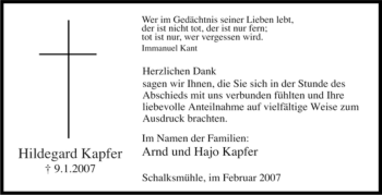 Traueranzeige von Hildegard Kapfer von Tageszeitung