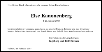 Traueranzeige von Else Kanonenberg von Tageszeitung