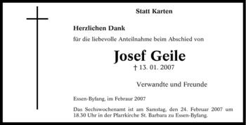 Traueranzeige von Josef Geile von Tageszeitung