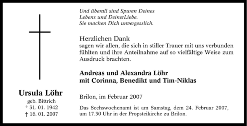  Traueranzeige für Ursula Löhr vom 17.02.2007 aus Tageszeitung