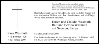 Traueranzeige von Franz Wasmuth von Tageszeitung