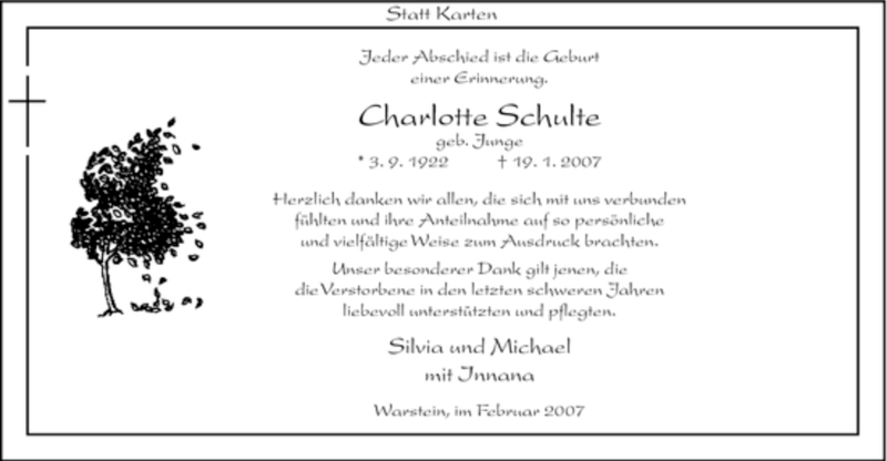  Traueranzeige für Charlotte Schulte vom 17.02.2007 aus Tageszeitung