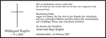 Traueranzeige von Hildegard Kapfer von Tageszeitung