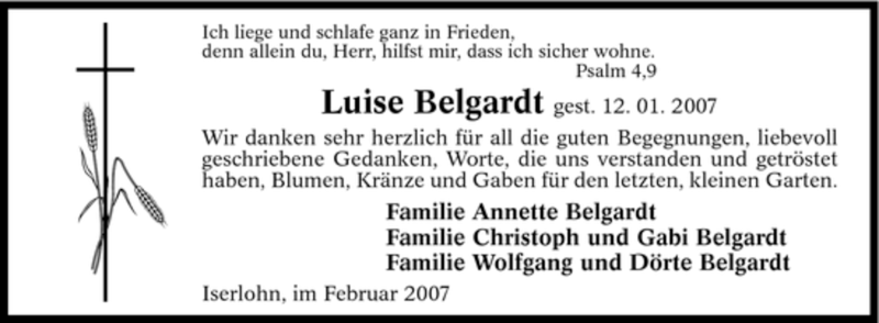  Traueranzeige für Luise Belgardt vom 19.02.2007 aus Tageszeitung