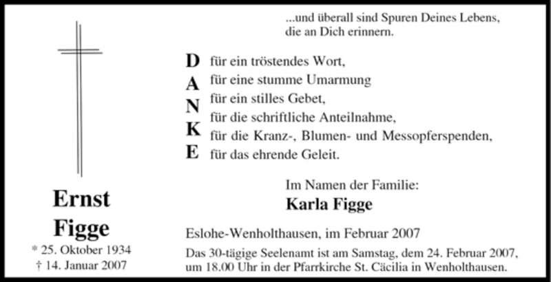  Traueranzeige für Ernst Figge vom 19.02.2007 aus Tageszeitung