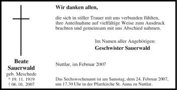 Traueranzeige von Beate Sauerwald von Tageszeitung