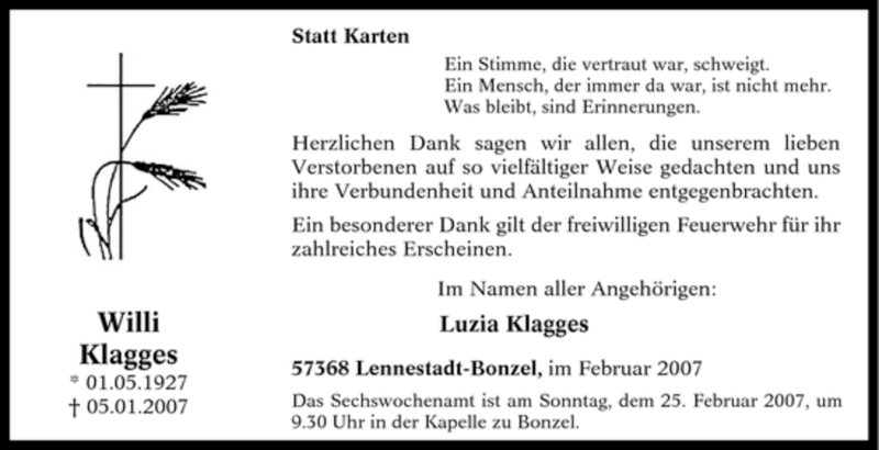  Traueranzeige für Willi Klagges vom 20.02.2007 aus Tageszeitung