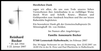 Traueranzeige von Reinhard Becker von Tageszeitung