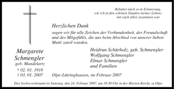Traueranzeige von Margarete Schmengler von Tageszeitung