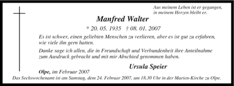  Traueranzeige für Manfred Walter vom 21.02.2007 aus Tageszeitung