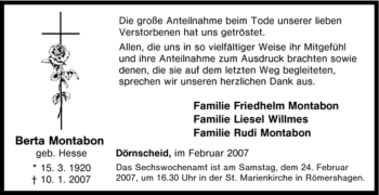 Traueranzeige von Berta Montabon von Tageszeitung