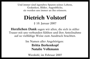 Traueranzeige von Dietrich Volstorf von Tageszeitung