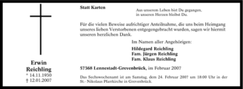 Traueranzeige von Erwin Reichling von Tageszeitung
