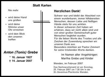 Traueranzeige von Anton Grebe von Tageszeitung