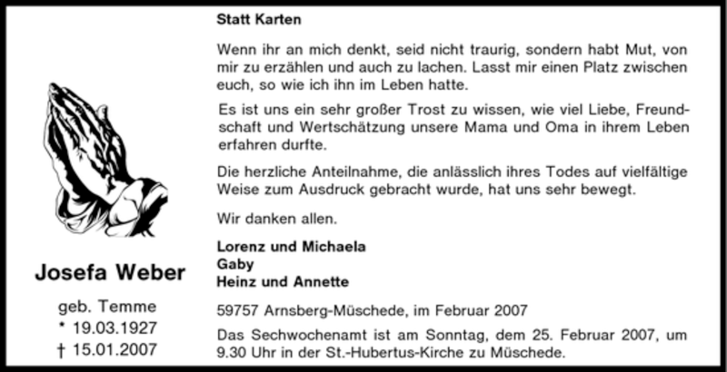  Traueranzeige für Josefa Weber vom 21.02.2007 aus Tageszeitung