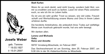 Traueranzeige von Josefa Weber von Tageszeitung
